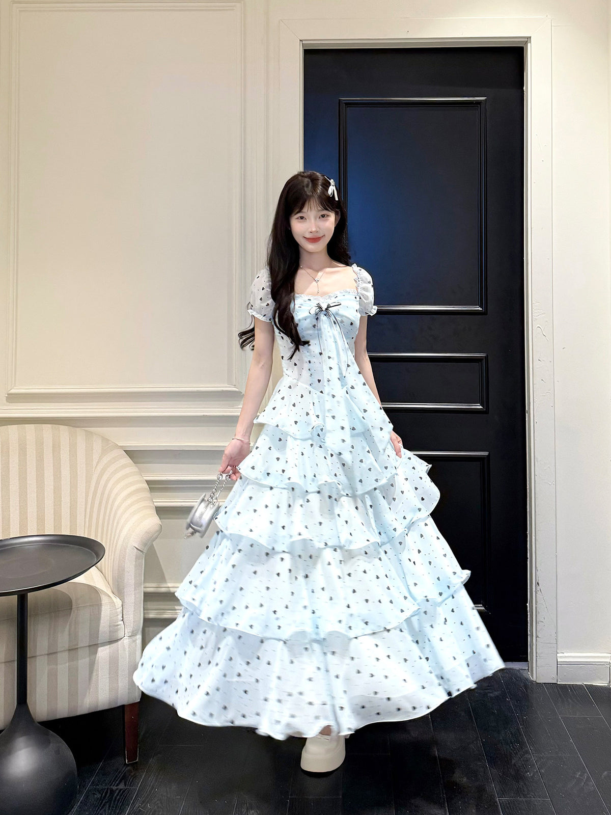 Polka Dot Square Neck Puff Sleeve Tiered Dress BEL0027