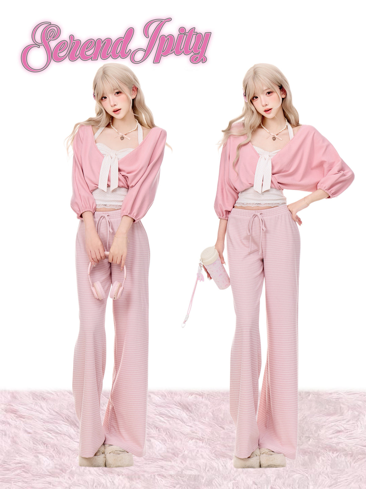 Wrap Cardigan Polka Dot Cami And Striped Wide Leg Pants Set SER0159