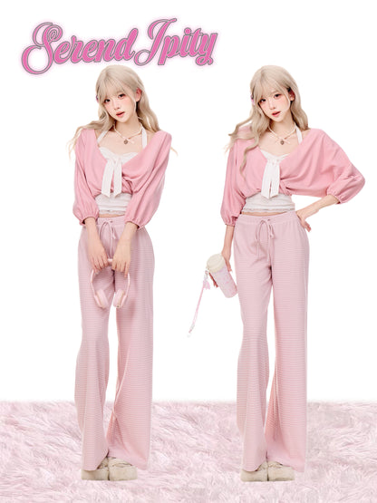 Wrap Cardigan Polka Dot Cami And Striped Wide Leg Pants Set SER0159