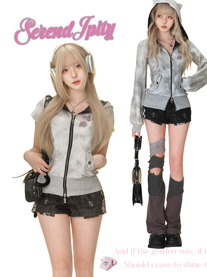 Tie Dye Hooded Zip Jacket Leopard Shorts SER0163