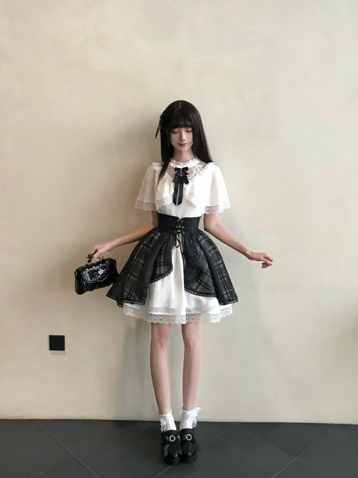 Puff Sleeve Lace Trim Plaid Overskirt Dress LAL0218