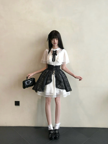 Puff Sleeve Lace Trim Plaid Overskirt Dress LAL0218