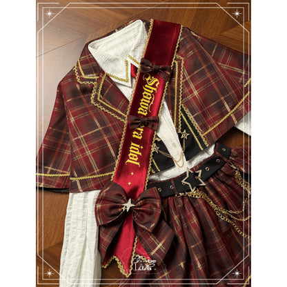 Plaid Cape Necktie Blouse With Tiered Skirt LAL0168