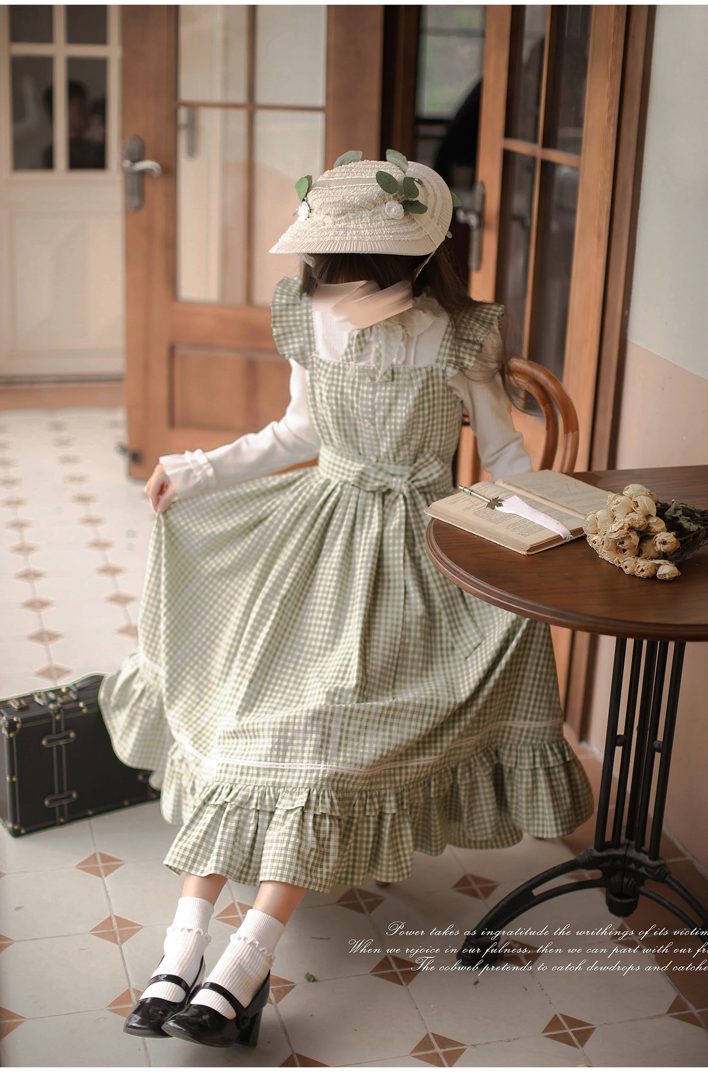 French Light Green Plaid Dress HUT0013