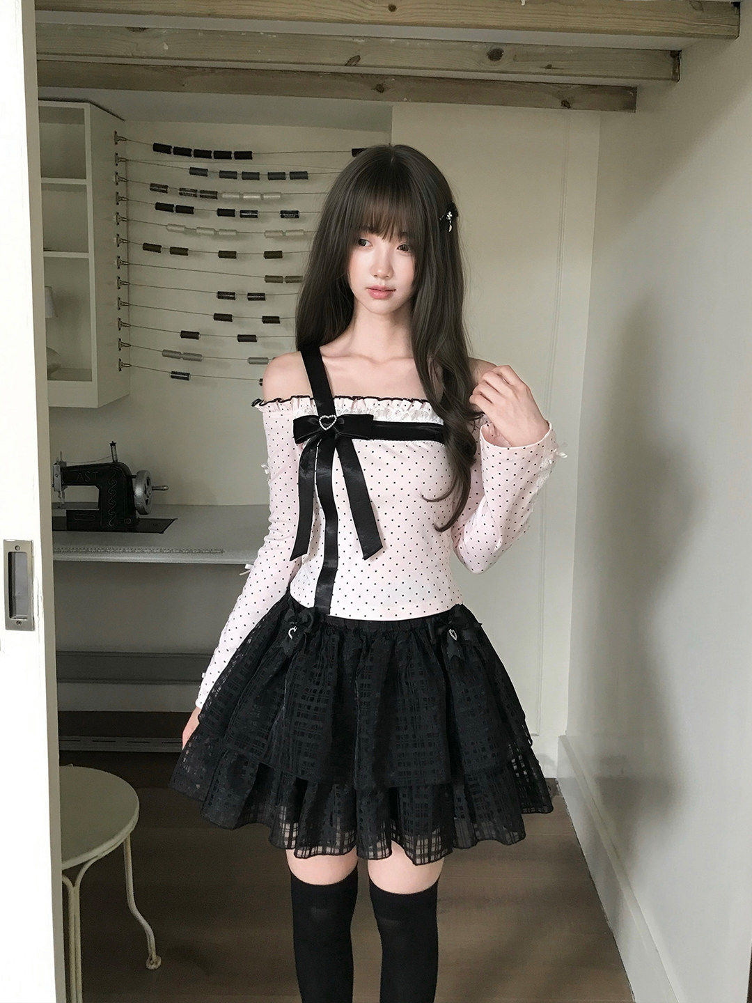 Checkered Tiered Puff Midi Skirt LAL0212