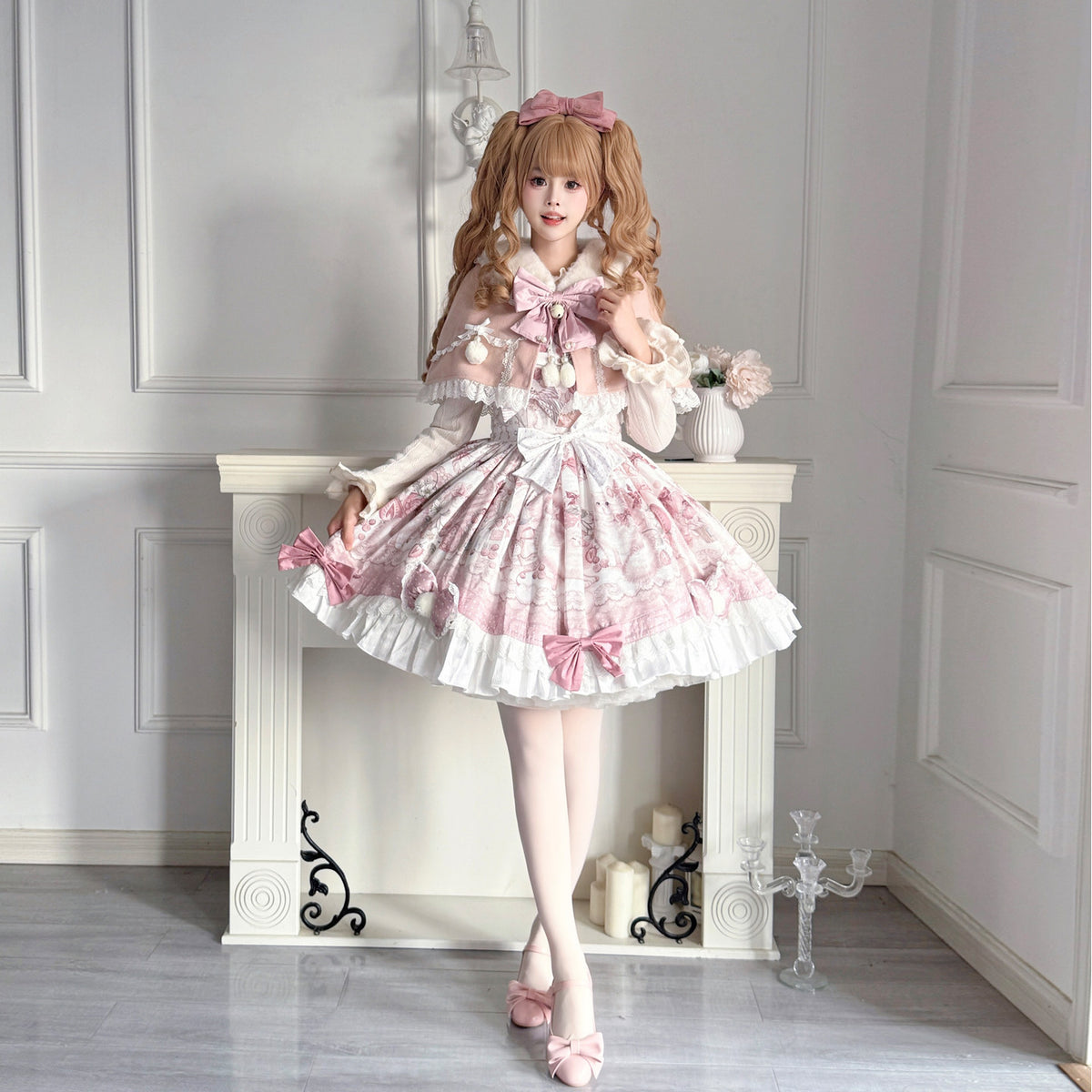 Floral Print Lolita Camisole Dress With Ruffle Cape Set YOU0266