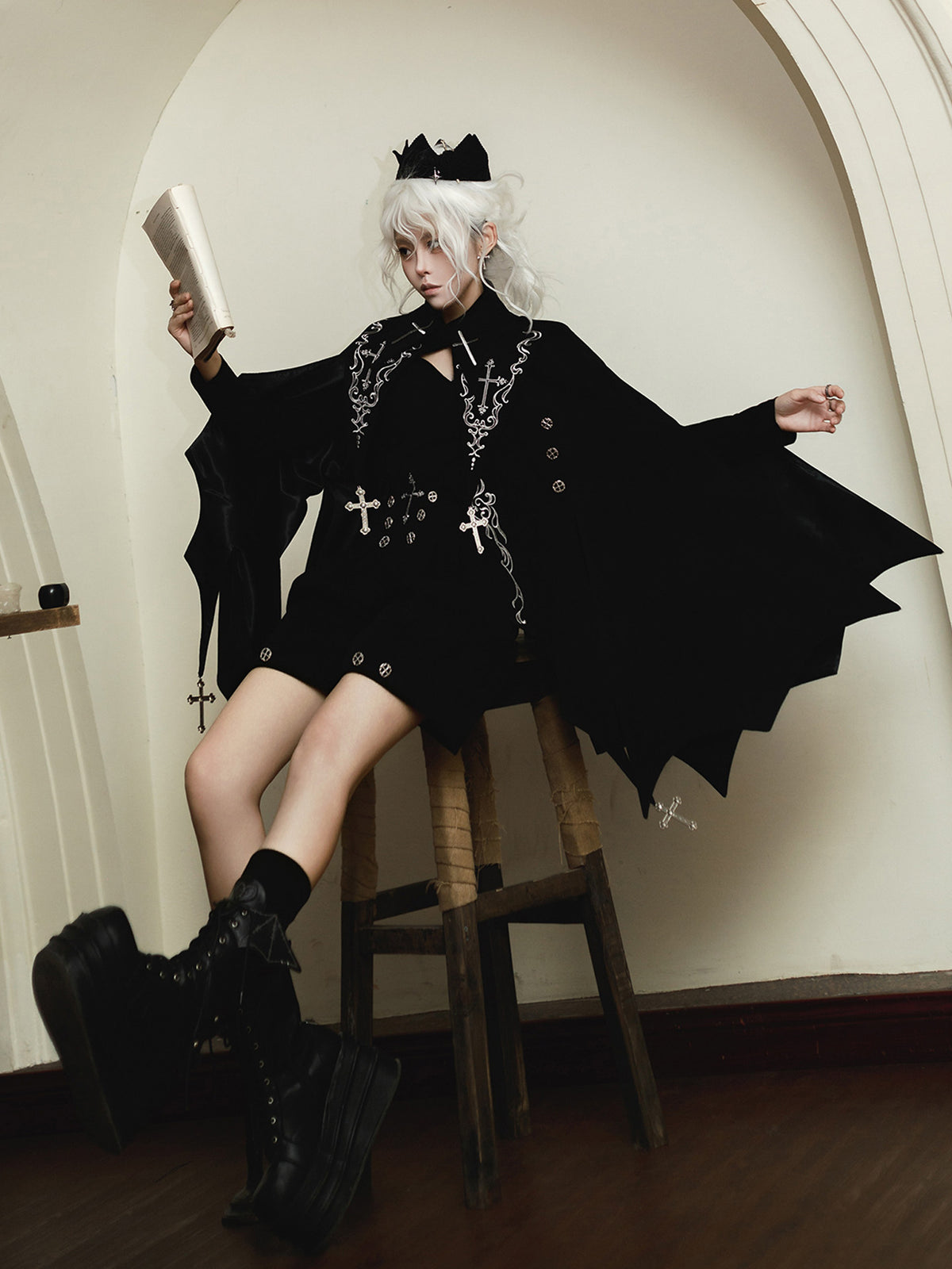 Gothic Cross Embroidered Bat-Wing Cape Set YOU0228