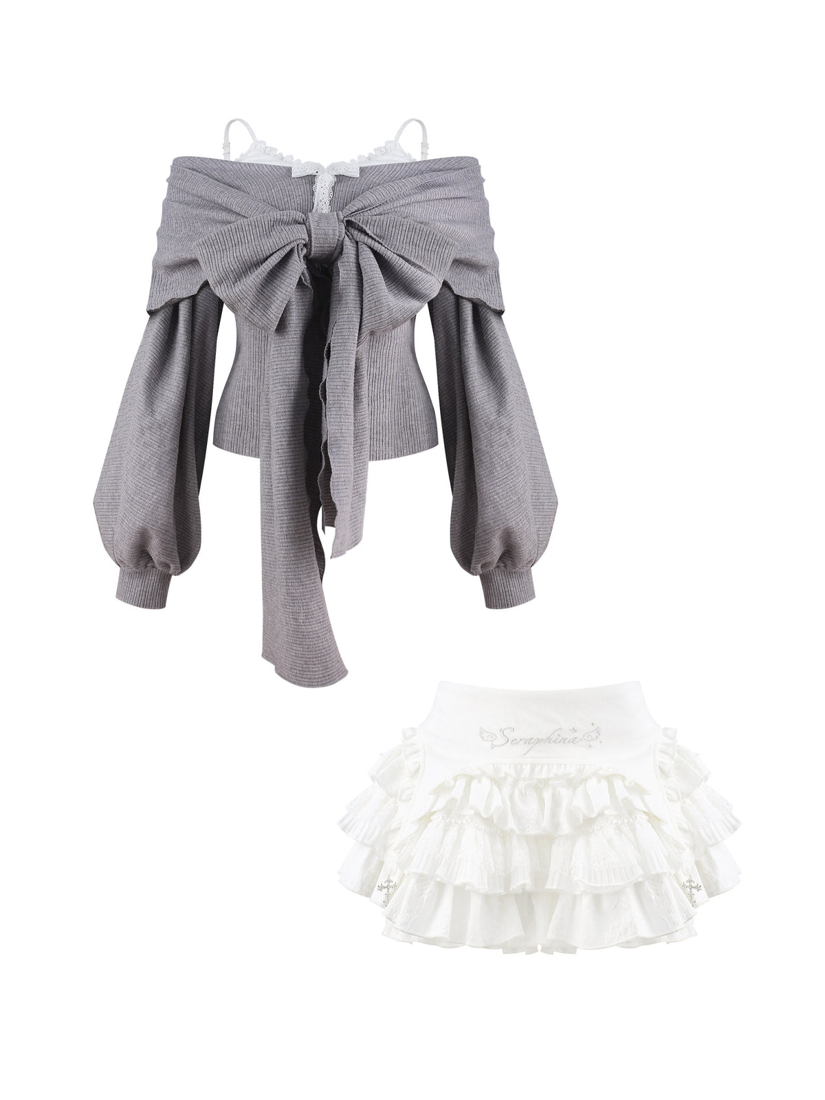 Big Bow Off-Shoulder Sweater With Tiered Skirt SER0154