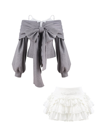Big Bow Off-Shoulder Sweater With Tiered Skirt SER0154