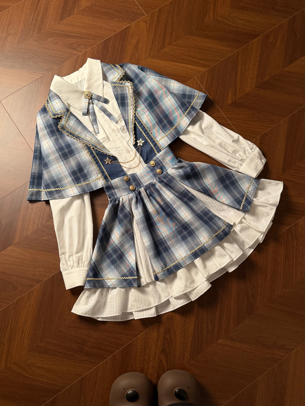 Plaid Cape Bow Blouse With Tiered Skirt LAL0167
