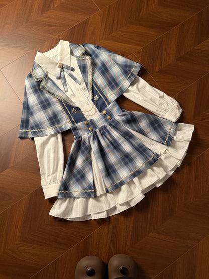 Plaid Cape Bow Blouse With Tiered Skirt LAL0167