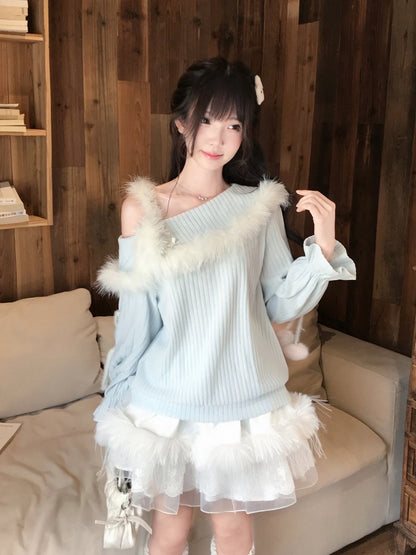 Off Shoulder Fur Trim Knit Sweater LAL0140