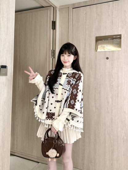 Fair Isle Tassel Knit Cape BEL0018