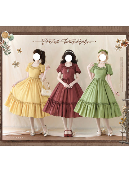 Vintage Square-Neck Puff-Sleeve Tiered Dress FOR0073