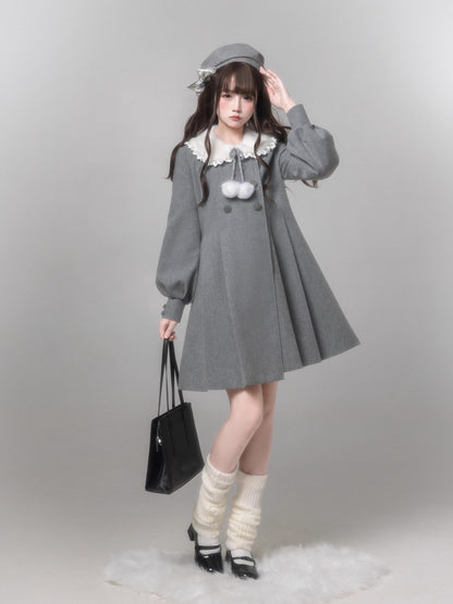 Gray Wool Coat Beret Scarf Set HUT0159