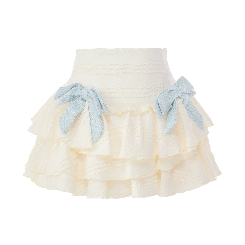 Light Blue Double Button Style Tops & Two Ribbon White Cake Skirt SER0119