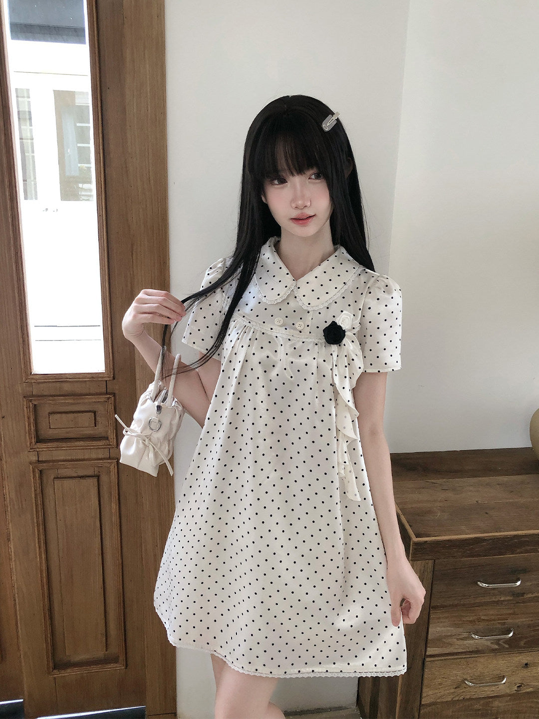 Polka Dot Doll Collar Puff Sleeve Dress LAL0232