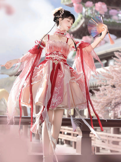 Chinese Style Pink Ombre Feather-Sleeve Dress YOU0298