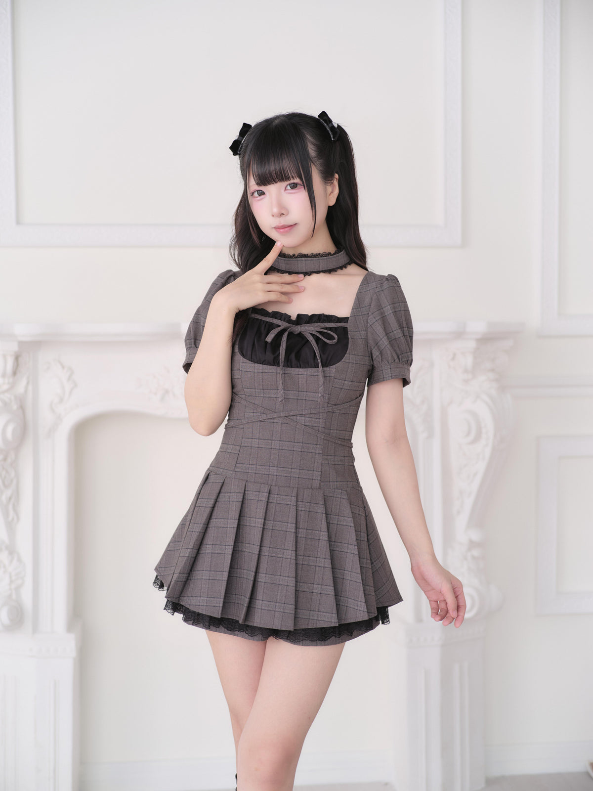 Checkered Choker Neck Pleated Dress Set NOG0033