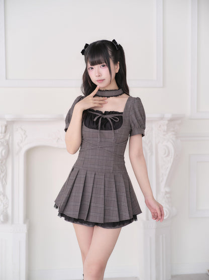 Checkered Choker Neck Pleated Dress Set NOG0033