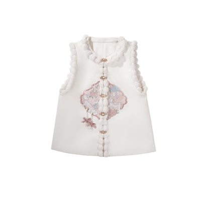 Chinese Style Floral Embroidered Vest Top Pleated Skirt Set YOU0265
