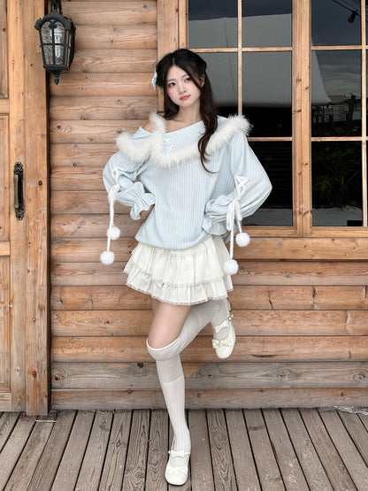Off Shoulder Fuzzy Trim Knit Sweater LAL0158