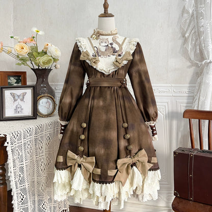 Cat Print Sweet Brown Lolita Dress YOU0012