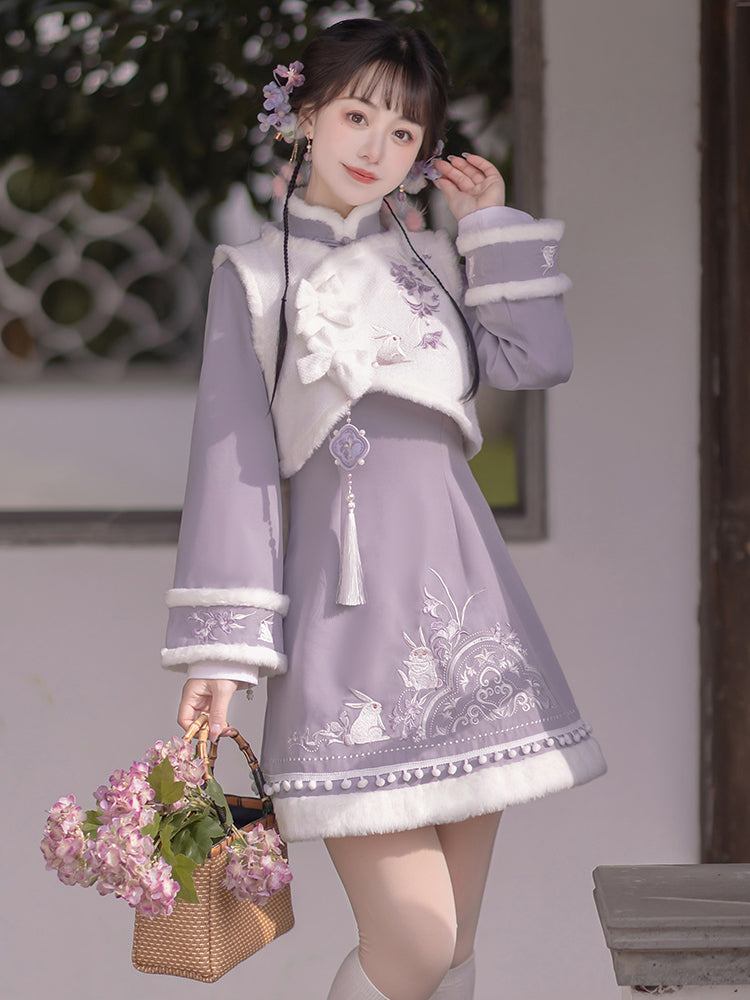 Rabbit Embroidery Light Purple China DressYOU0093