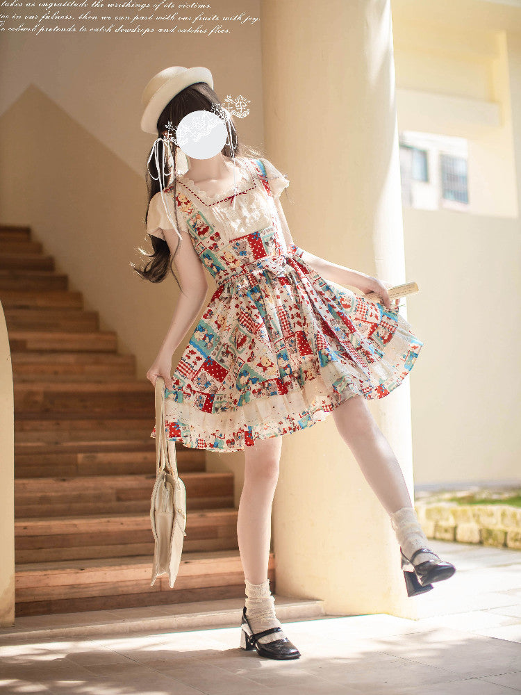 Patchwork Bear Print Pinafore Dress HUT0168