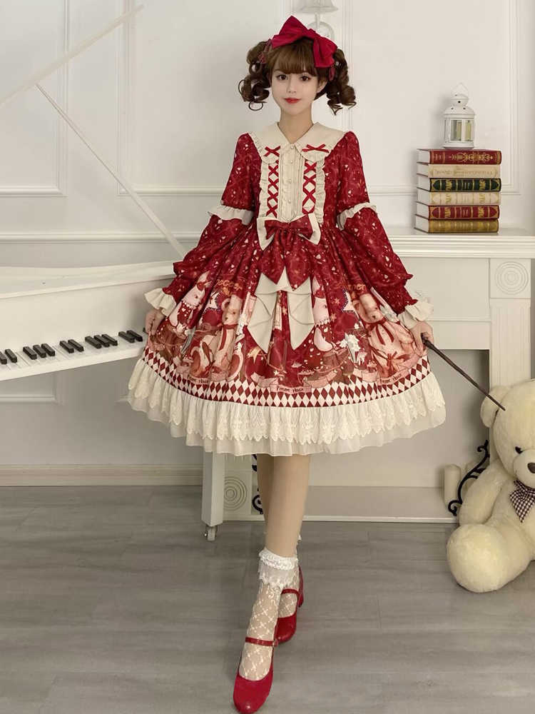 Red Ribbon Frill Bear Print Lolita Dress YOU0145