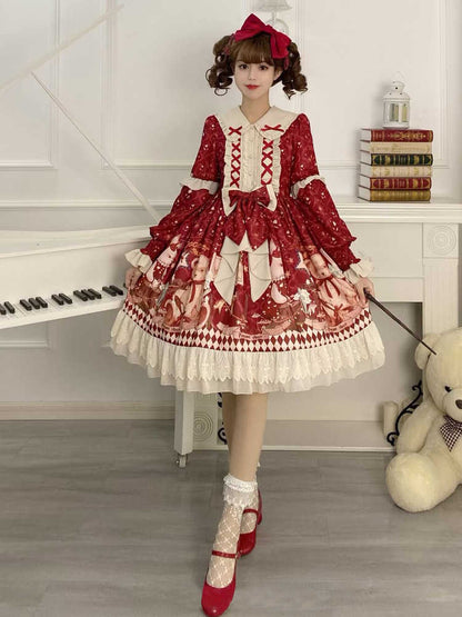 Red Ribbon Frill Bear Print Lolita Dress YOU0145