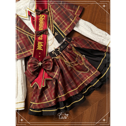Plaid Cape Necktie Blouse With Tiered Skirt LAL0168