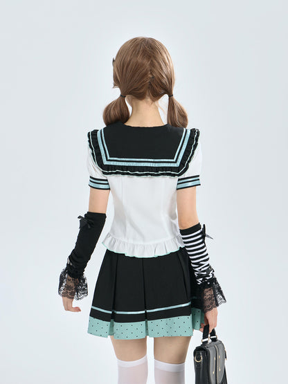 Mint And Black Sailor Collar Bow Blouse LAL0214