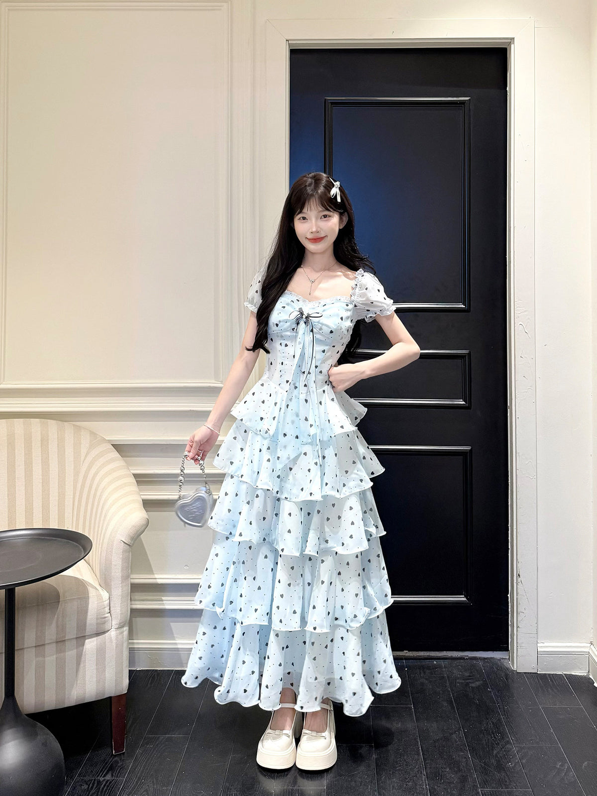 Blue Polka Dot Puff Sleeve Tiered Dress BEL0028