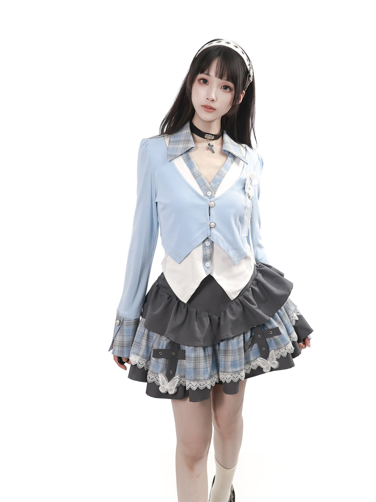 Vintage Layered Blazer And Plaid Cake Skirt PIN0055