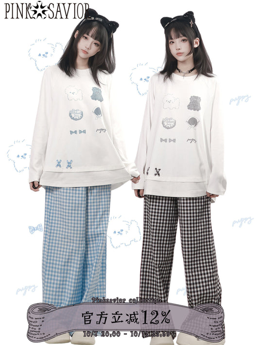 Puppy Patch Long Sleeve Top With Gingham Pants PIN0029