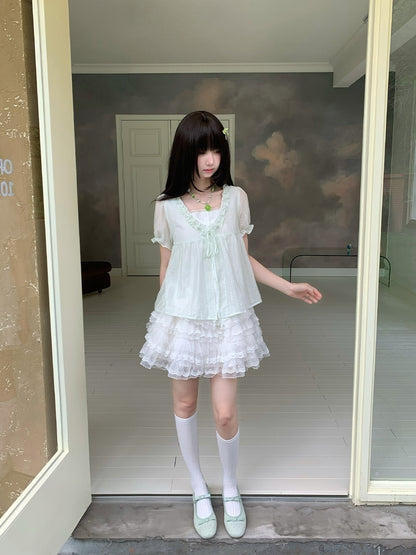 Striped Puff Sleeve Faux Two-Piece Blouse LAL0213