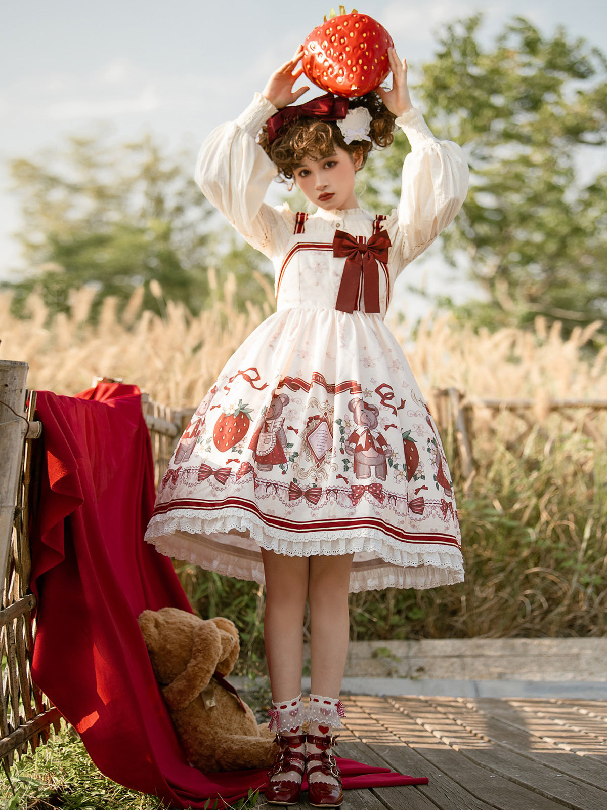 Bear And Strawberry Print Jacket And Pinafore Dress Set YOU0280