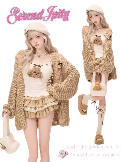 Chunky Cardigan Cami And Ruffle Skirt Set SER0135