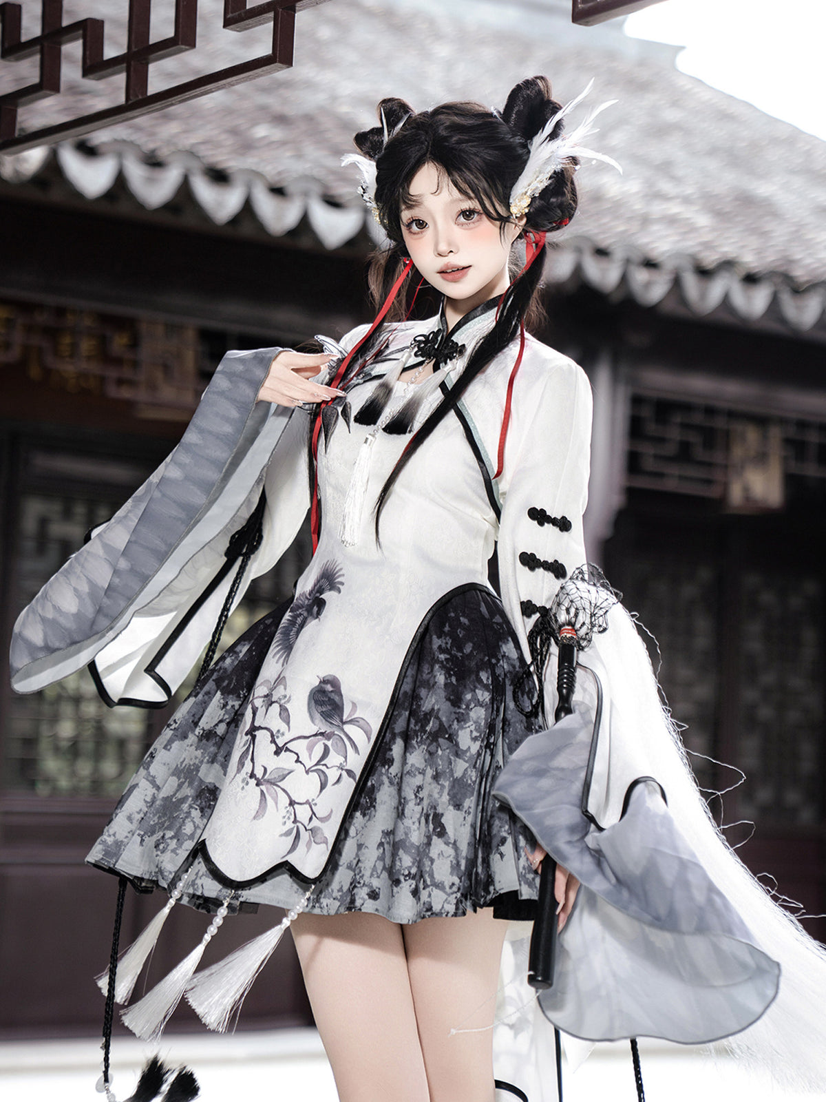 Chinese Style Magpie Feather Frog-Button Dress YOU0229