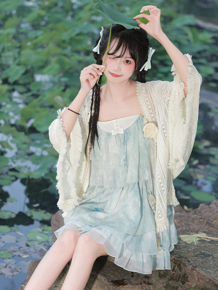 Tie-Dye Mint Camisole Dress With Crochet Shawl YOU0282