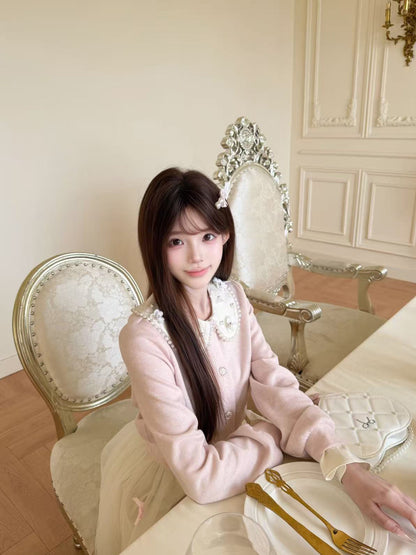 Doll Collar Knit Cardigan Mesh Skirt Set BEL0043