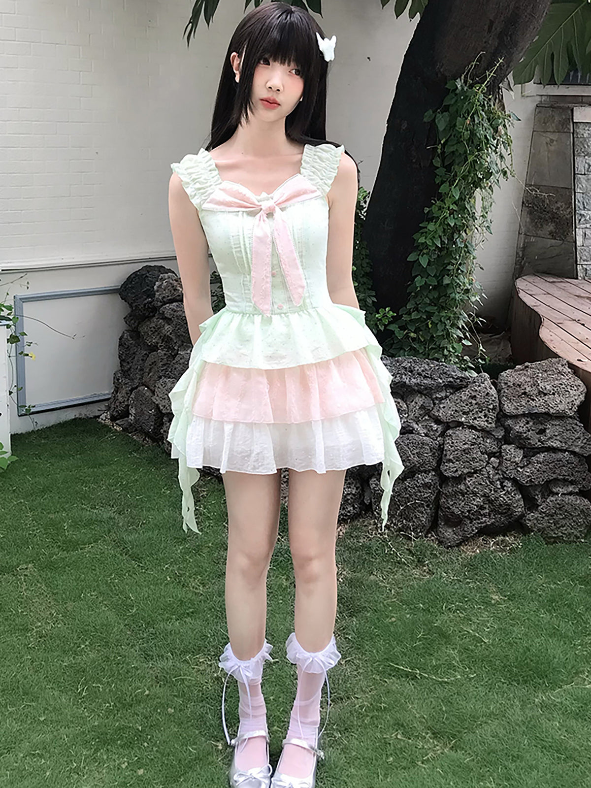 Pastel Ribbon Tiered Ruffle Dress LAL0173