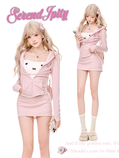 Bear Ear Hooded Pink Striped Jacket And Skirt Set SER0155