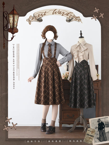 British Vintage Plaid College Suspender Skirt FOR0078