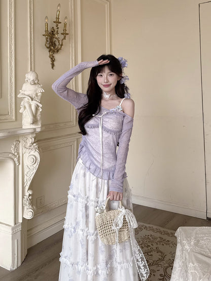 Floral Lace Cardigan Tiered Skirt Set BEL0016