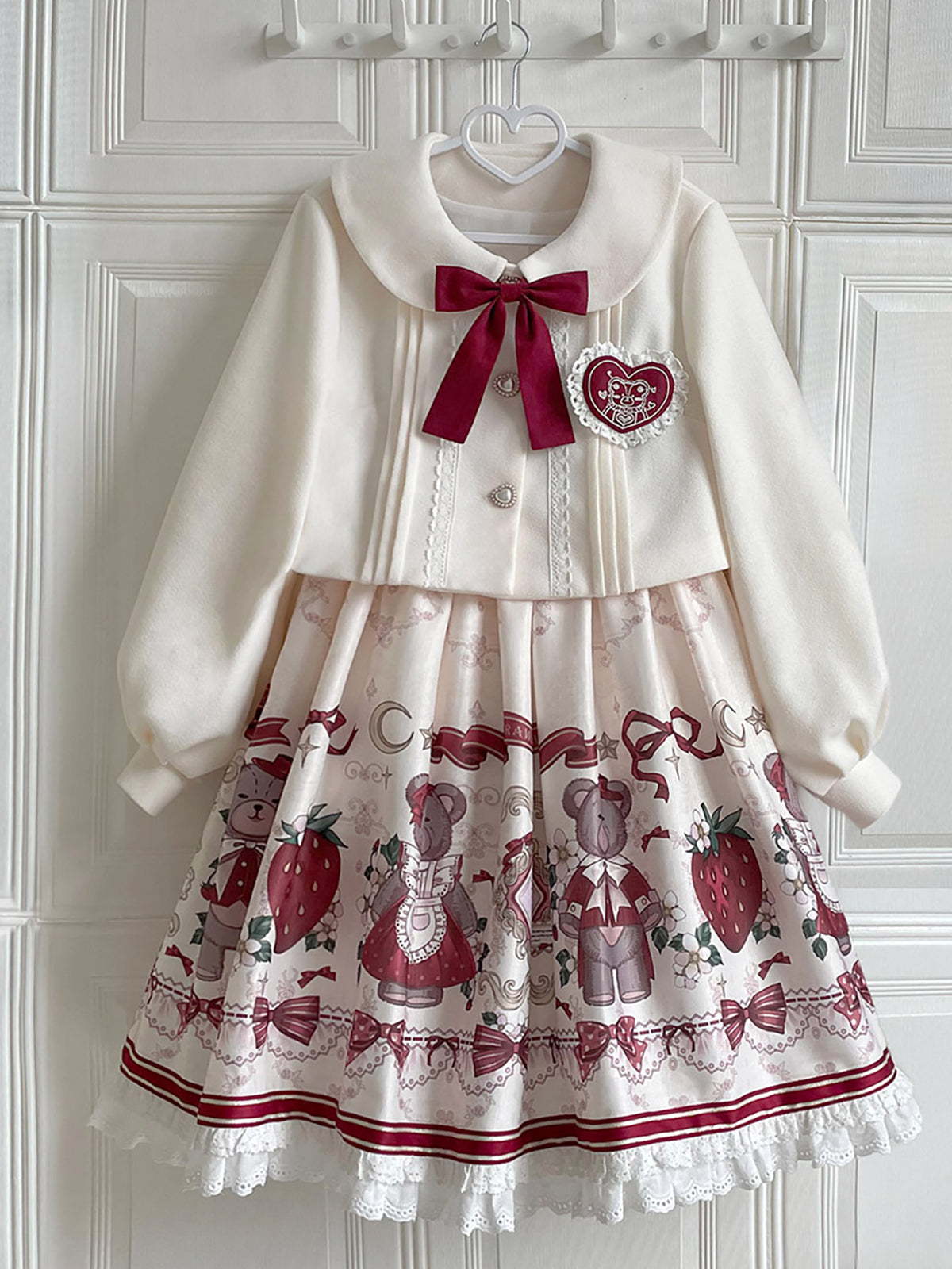 Bear And Strawberry Print Jacket And Pinafore Dress Set YOU0280