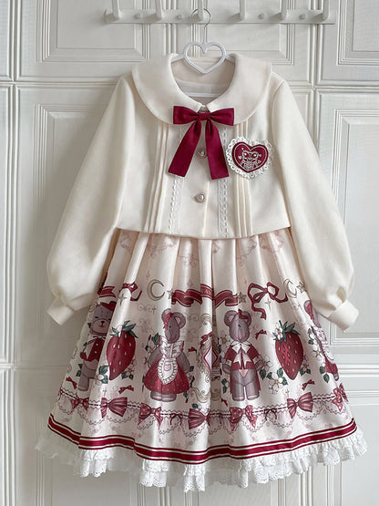 Bear And Strawberry Print Jacket And Pinafore Dress Set YOU0280