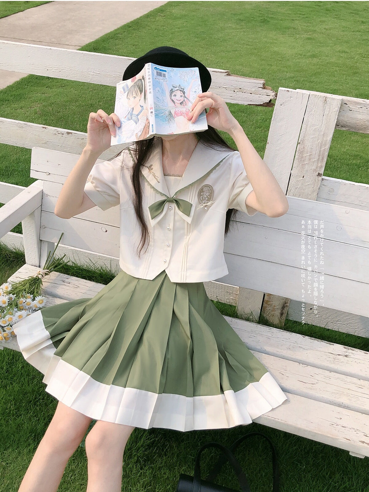 School Uniform Style Light Green Two-piece Set HUT0089