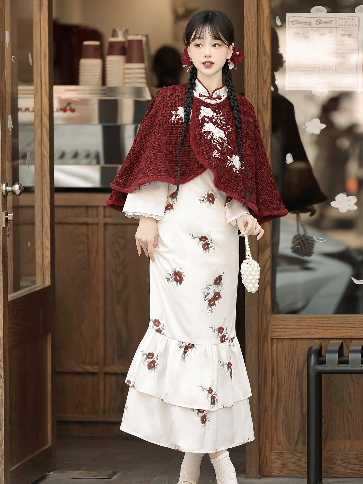 Chinese-Style Short Cape Floral Dress YOU0194